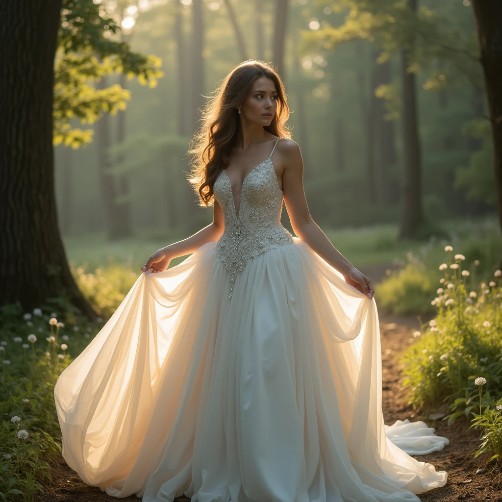 A breathtaking goddess-like girl wearing a luxurious, flowing white ball gown, standing in a sun-dappled forest clearing at dawn, her dress billows around her, with layers of ethereal fabric cascading down her body, perfectly highlighting her slender waist and full hips, the bodice is delicately embroidered with silver thread, accentuating her full, round breasts elegantly, her long, graceful arms are free, and her neck is adorned with a sparkling pendant that catches the soft morning light filtering through the trees, she stands tall and regal, her deep blue eyes gazing softly into the distance, her hair flowing in loose waves down her back, the scene is bathed in a gentle, diffused light, creating a magical, serene atmosphere, Photography, shot with a Canon EOS R5, 85mm f/1.2 lens, natural light with the soft glow of early morning