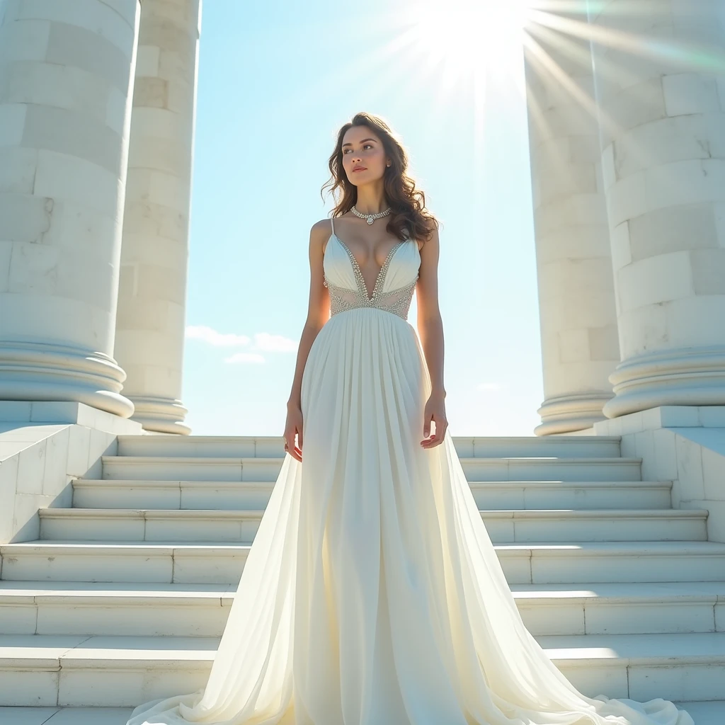 A stunningly beautiful girl with a goddess-like aura, draped in a pristine white gown, standing on the steps of an ancient marble temple under the midday sun, the dress is a masterpiece of design, with a fitted bodice that accentuates her slender waist and full, rounded breasts, the skirt flows elegantly down the steps, shimmering in the bright sunlight, her neck is adorned with a delicate chain of pearls, and her hair is styled in loose, elegant curls that cascade over her shoulders, she gazes away from the viewer, her deep blue eyes reflecting the brilliance of the clear sky, the light reflects off the white marble, creating a radiant, almost divine atmosphere, Photography, shot with a Nikon D850, 70-200mm lens, natural sunlight emphasizing the temple’s grandeur