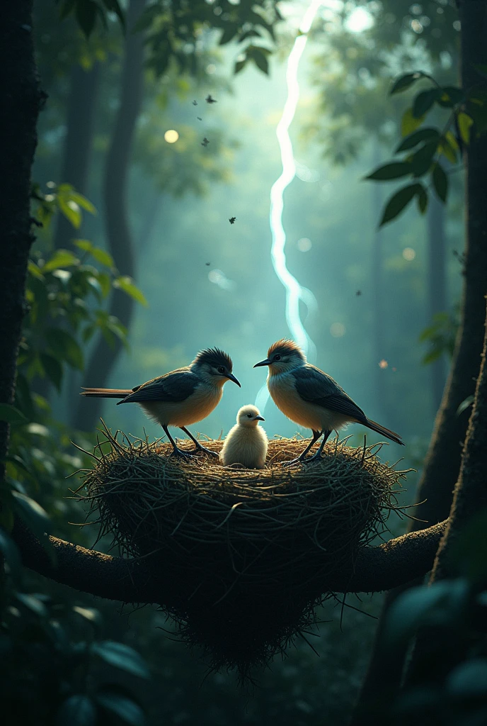 A sudden storm hits the forest, with strong winds shaking the trees and branches. The nest begins to tremble, and the parents are urgently motivating the chick to take flight, as the nest is no longer safe.