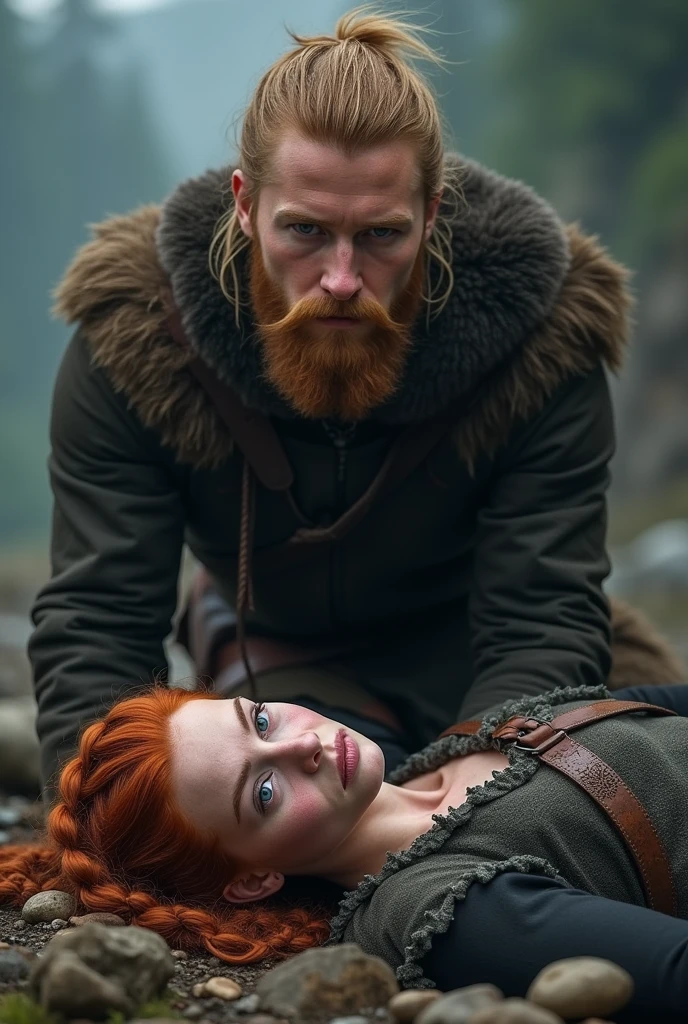 uma jovem de 20 anos, natural redhead with viking hairstyles, dressed in the style of Sansa Stark fallen bye, lying down, scared, standing is ragnar lothbrok young 30 years old from the series blond hair, short beard. looking at her