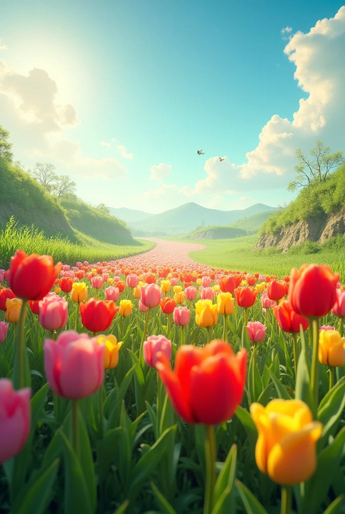 Animated Field of tulip flowers and greenery