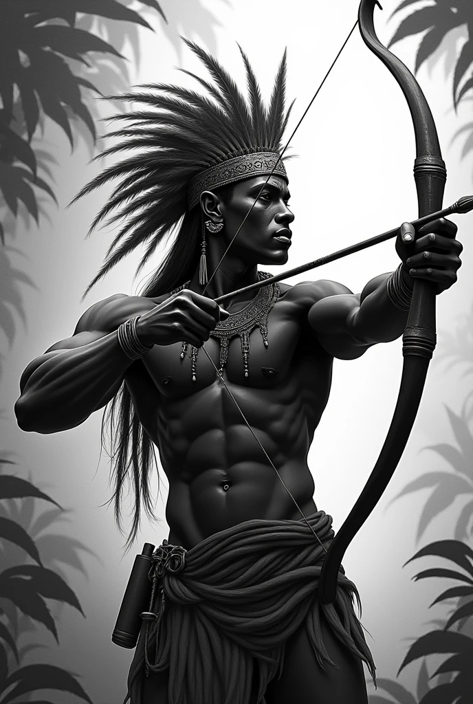 Orixá Oxossi in black and white shooting an arrow with feathers on his head 