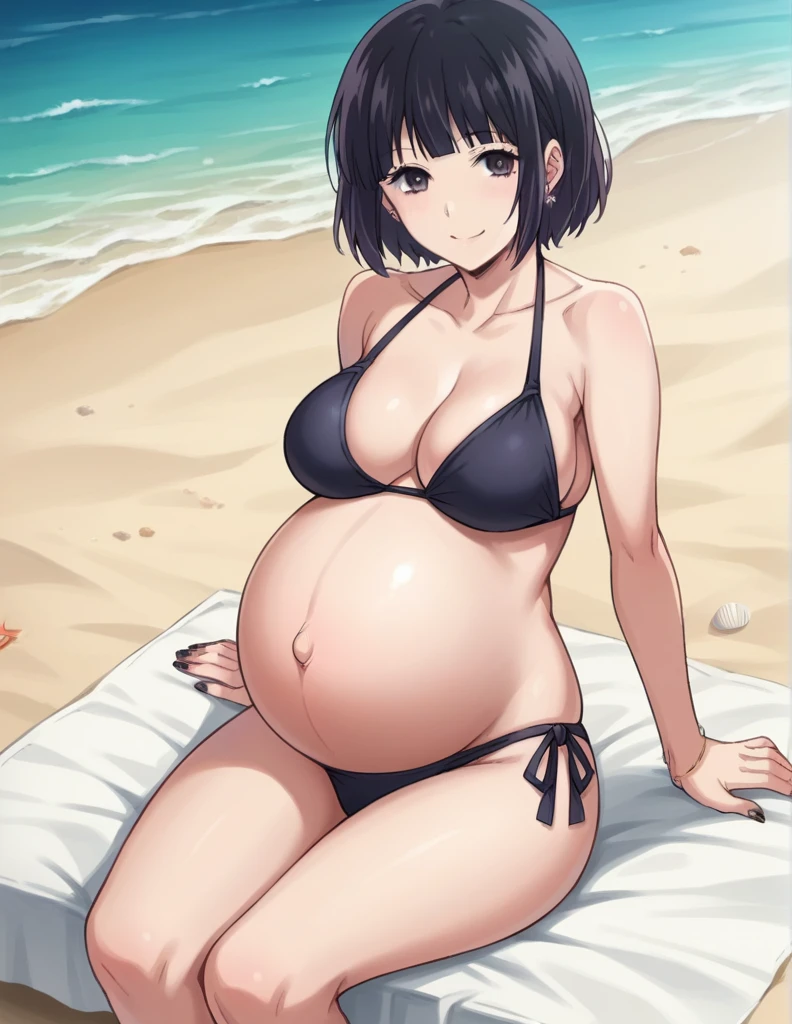 score_9, score_8_up, score_7_up, source_anime,
hanabiyasuraoka, hanabi yasuraoka, short hair, black hair, black eyes,
Big breasts,
Bikini, panties, Heels, big belly, large belly, Beach, background, rubing belly, smile,
looking at viewer, cowboy shot, solo, pregnant, possing, Sitting, Black nails, toenail polish, earrings, belly button,
