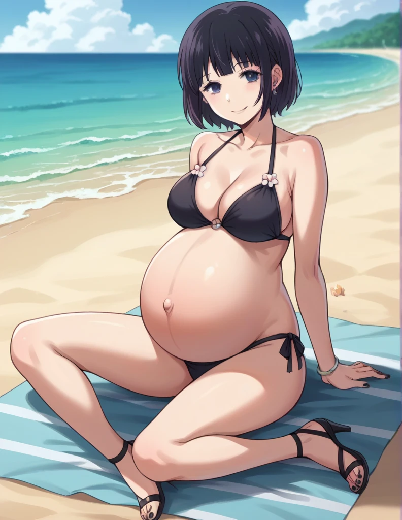 score_9, score_8_up, score_7_up, source_anime,
hanabiyasuraoka, hanabi yasuraoka, short hair, black hair, black eyes,
Big breasts,
Bikini, panties, Heels, big belly, large belly, Beach, background, rubing belly, smile,
looking at viewer, cowboy shot, solo, pregnant, possing, Sitting, Black nails, toenail polish, earrings, belly button,