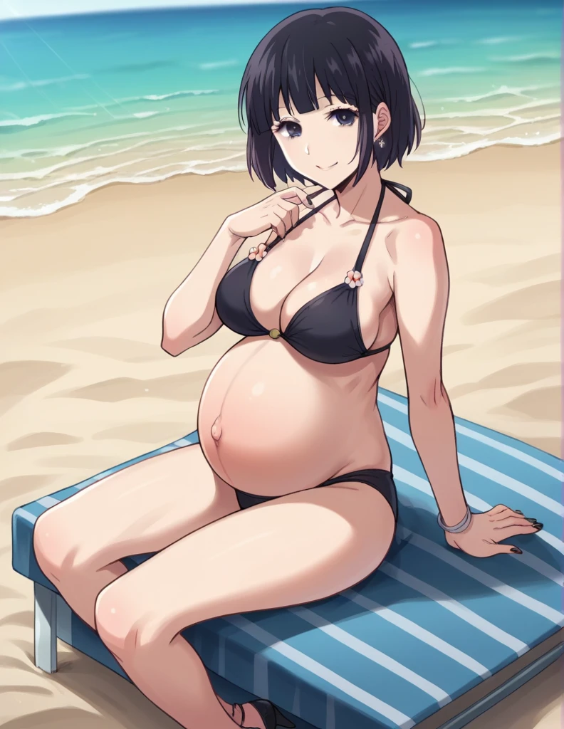 score_9, score_8_up, score_7_up, source_anime,
hanabiyasuraoka, hanabi yasuraoka, short hair, black hair, black eyes,
Big breasts,
Bikini, panties, Heels, big belly, large belly, Beach, background, rubing belly, smile,
looking at viewer, cowboy shot, solo, pregnant, possing, Sitting, Black nails, toenail polish, earrings, belly button,