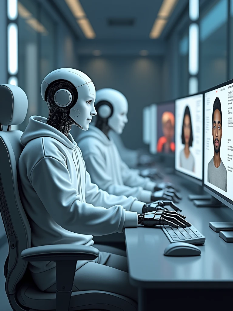 A robot with a person with a similar face in a white sweatshirt sits on a compulter armchair for computers in one hand mouse. On the head is a white hood and the top is dressed by Sonya headphones, photos on the profile on the right side. (Super quality), (Cyberpank), (Photorealism)