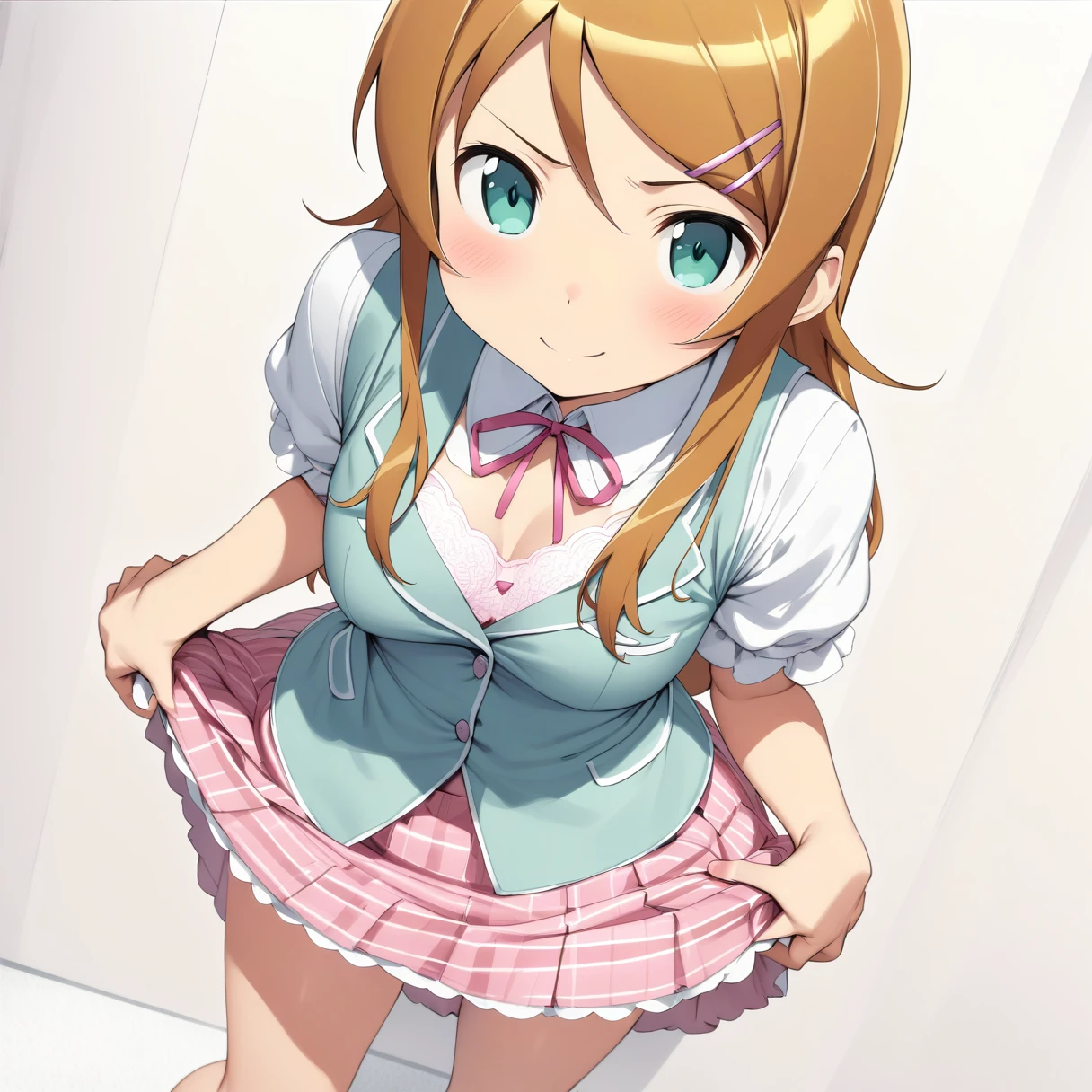 (masterpiece), (Highest quality), High resolution, (Very detailed), (Beautiful girl),  (White background), (White Room), (White carpet), 

 (Kirino Takasaka), (kirino kousaka), 
Blonde, Long Hair, Hair Clip, Green Eyes, bangs, Shyness, smile, Pitiful, 

 (Highly detailed face), Thin legs, 
(One person、solo:1.8), Big eyes,slender, Beautiful Skin, 
whole body, Full Shot, 

Short skirt maid outfit, ribbon pink striped underwear, White frilly underwear, Underwear with a small ribbon,

Underwear with white stripes, White frilly underwear, Underwear with a small ribbon, Erotic, 
Pink Panties, Detailed panties, 
Pink Bra, Details Bra, 

Standing with legs apart and exposing underwear, View from the front, 
(Skirt Lift:1.6),(Grab your skirt:1.6),