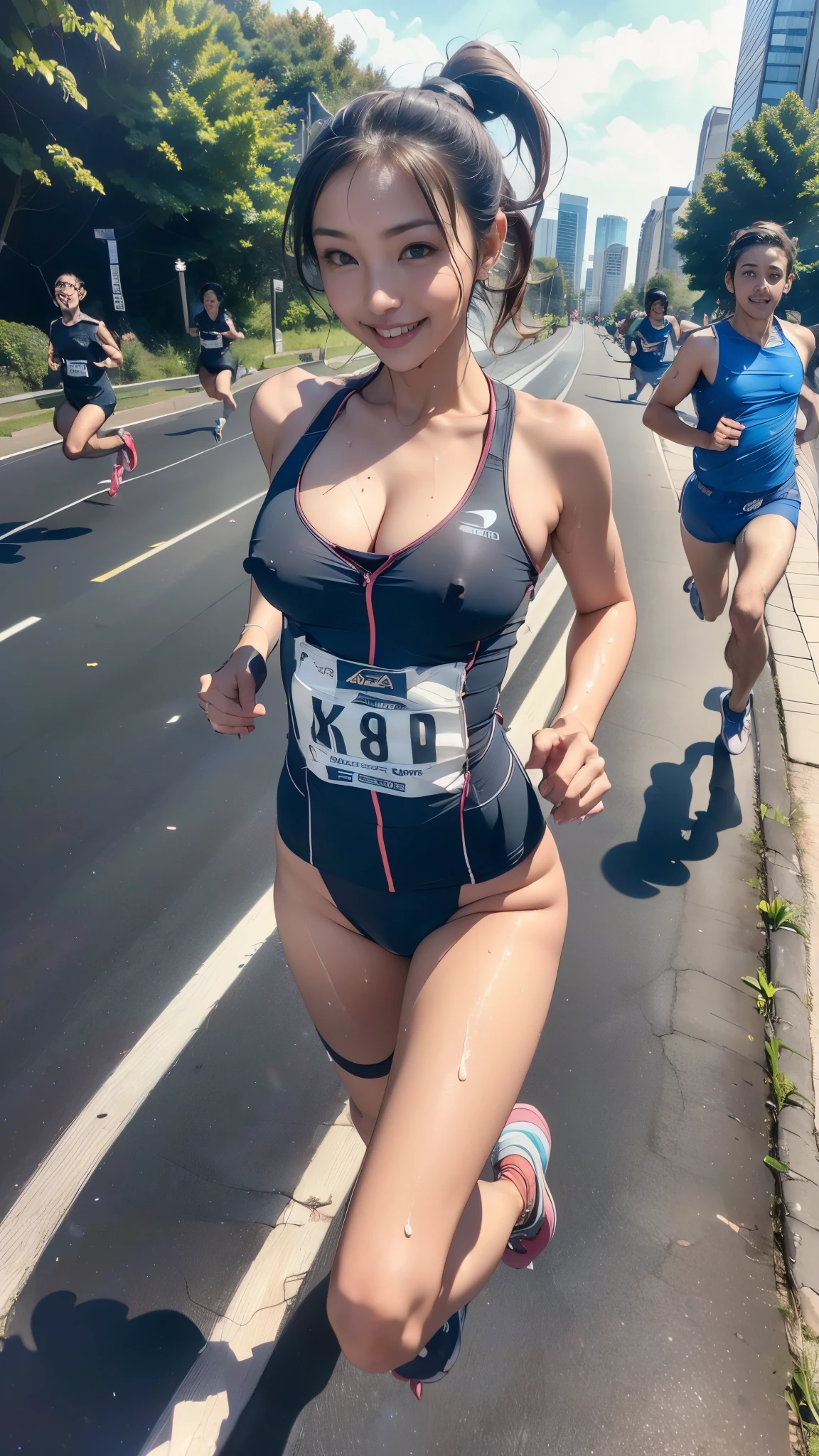 8k、Ultra-high resolution、Highest quality、masterpiece、Realistic、Ultra-high resolution、High-definition RAW color photos、Professional photos、real、photo realistic、(Always big breasts、Definitely a pretty big bust、cleavage)、Vivid lighting、Natural skin texture、Fine skin、Hyperrealism、Intricate details、Depth of written boundary、Adult women、masterpiece、Highest quality、High Detail、Eye highlights、Lip gloss、((smile、((Long Hair,ponytail))、Marathon runner、Streets of skyscrapers,Drive in the center of the road、Dark gray separate uniform for track and field athletes、redSports Bloomers、(Full body running pose):1.5))、running shoes、((running、Must-have red high leg bloomers for competitions,()Crowds along the road,Many male runners):1.6)),(athletic female,running,Sprinting,((flat chested,small breasts,Erect nipples)),wet clothes,sweating:1.3)