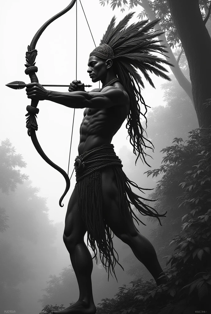 Orixá Oxossi in black and white shooting an arrow with feathers on his head 