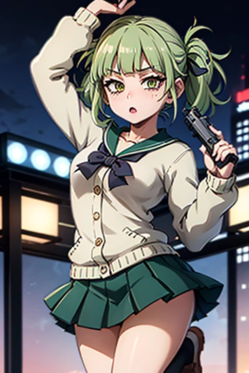 Highest quality、Ultra HD、One Woman、(Green hair twintails 1.3)、(Sailor suit 1.3)、(Black Loafers 1.1)、(Beige cardigan 1.1)、((Shooting a gun 1.2))、(White knee-high socks 1.4)、(Japanese Idol Face 1.2)、2 female、Slender body、(Night city background 1.2)、((Clear and beautiful touch))