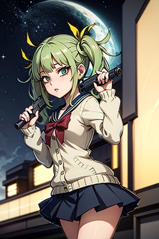 Highest quality、Ultra HD、One Woman、(Green hair twintails 1.3)、(Sailor suit 1.3)、(Black Loafers 1.1)、(Beige cardigan 1.1)、((Shooting a gun 1.2))、(White knee-high socks 1.4)、(Japanese Idol Face 1.2)、2 female、Slender body、(Night city background 1.2)、((Clear and beautiful touch))