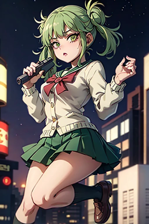 Highest quality、Ultra HD、One Woman、(Green hair twintails 1.3)、(Sailor suit 1.3)、(Black Loafers 1.1)、(Beige cardigan 1.1)、((Shooting a gun 1.2))、(White knee-high socks 1.4)、(Japanese Idol Face 1.2)、2 female、Slender body、(Night city background 1.2)、((Clear and beautiful touch))