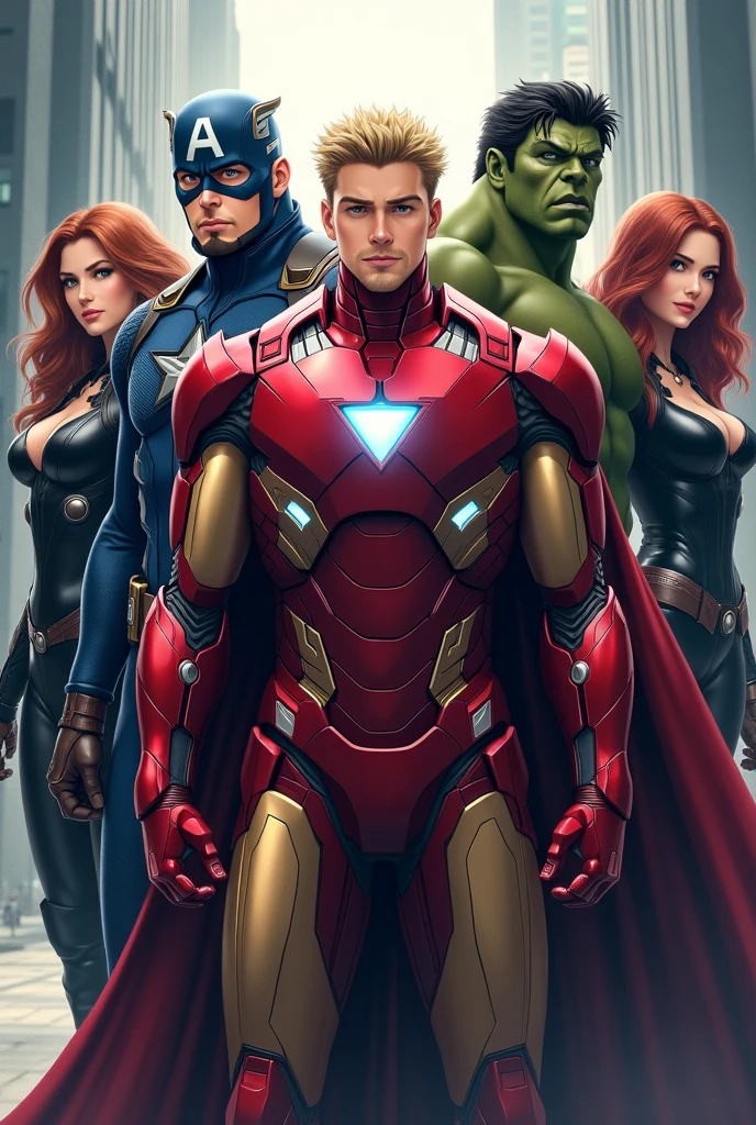 "Create an image of the Avengers reimagined as realistic anime characters. Include Iron Man, Captain America, Thor, Hulk, and Black Widow, each designed with detailed, lifelike anime features. Capture their iconic looks with sleek, intricate armor and costumes that blend realism with anime aesthetics. The characters should have sharp, expressive eyes, well-defined muscles, and dynamic poses, reflecting their unique powers and personalities. Set them in a modern cityscape, with dramatic shadows and highlights to enhance the realism, making the scene feel intense and action-packed."