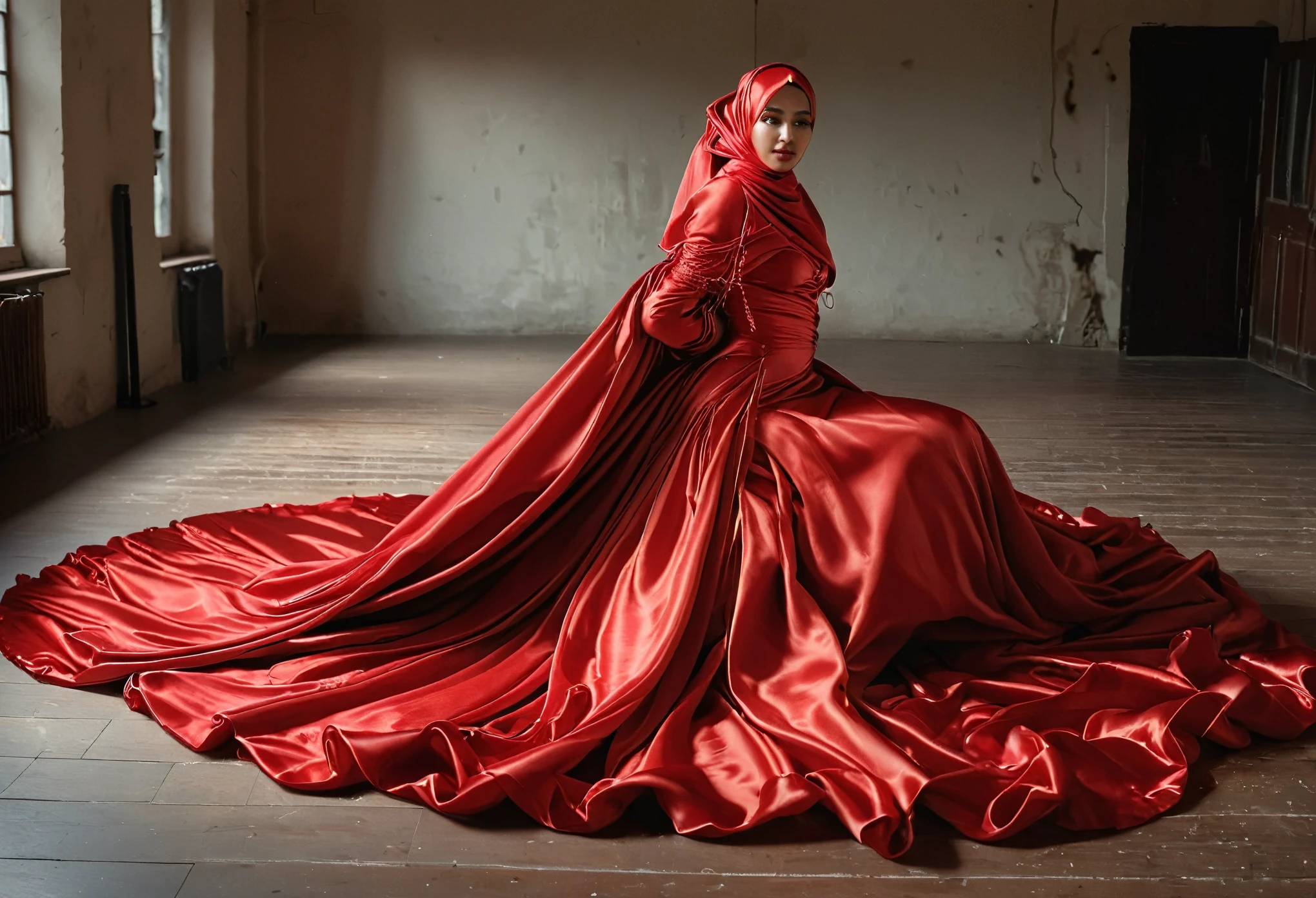 A woman shrouded in a 10-meter-long, plush red satin cloth, ballon sleeves, tightly bound and grandly draping along the form of her body, flowing off into a pooled floor-length train, styled in a mermaid-inspired outfit, her head modestly veiled in a satin hijab, 175 height woman, walk in photo studio, a full-body pose conveying a sense of elegance, captured in a 4k resolution, ultra-realistic