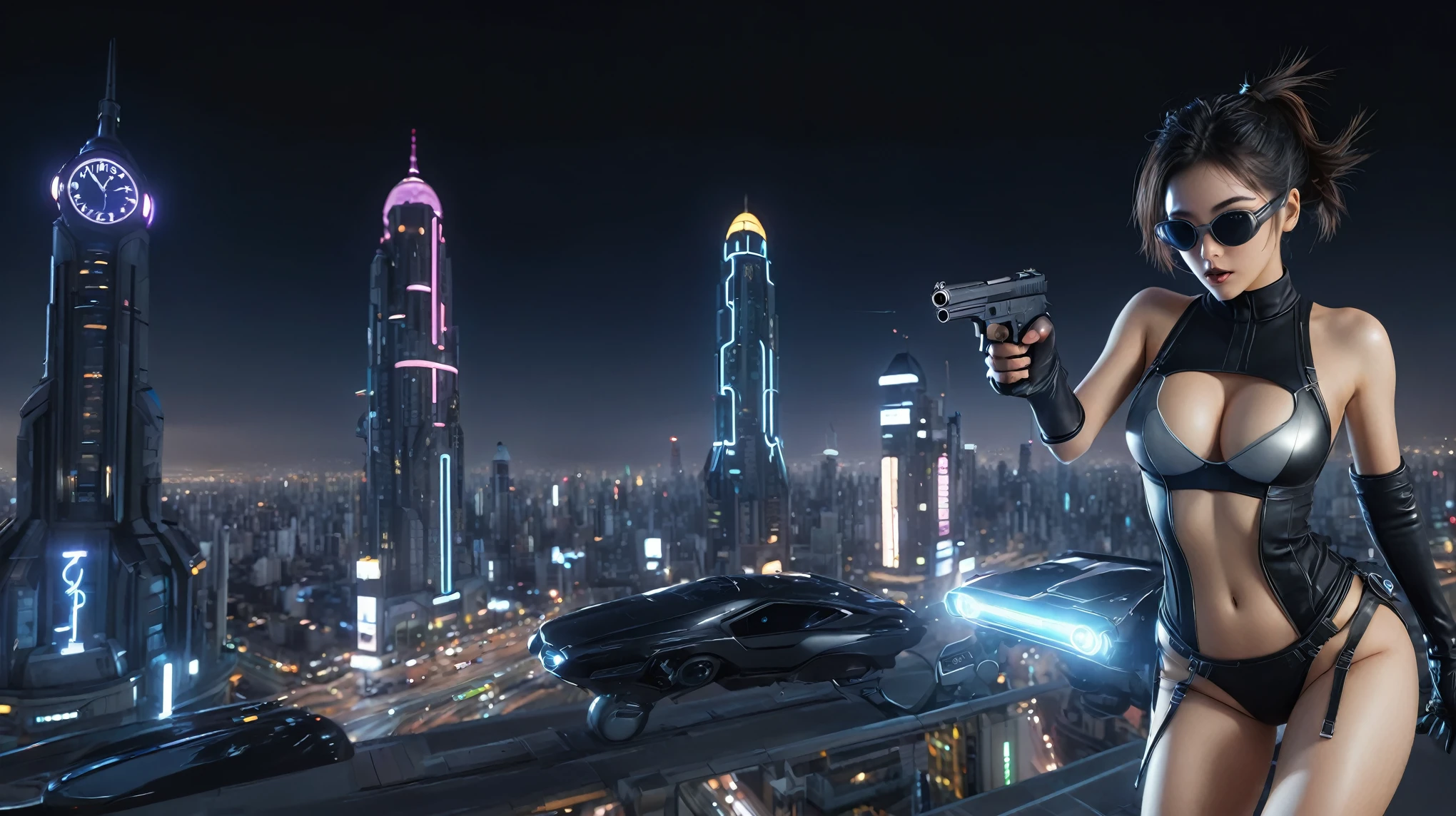 (Wide angle aerial view). At night, simple outlined cyberpunk city, flying cars, glowing ghost-like giant clock tower, lightning, line art background. At night, (1girl, solo, alone), photorealistic, large-breast slim:0.6 body, oval:0.5 face, cleavage:1.1, very low angle view of pleated miniskirt, deep-v, (upskirt), glove, (Matrix style black micro sunglasses), (aiming viewer with a short gun), dynamic running pose, (half-body thigh level close-up shot), cinematic lighting, ray tracing, motion blur background.