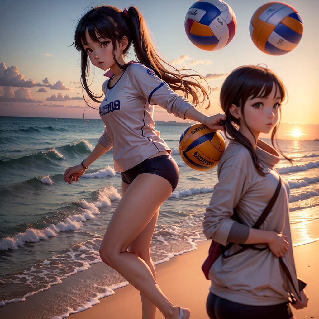 A beautiful anime girl playing volleyball on the beach wear bikney sunset time people walking around us
