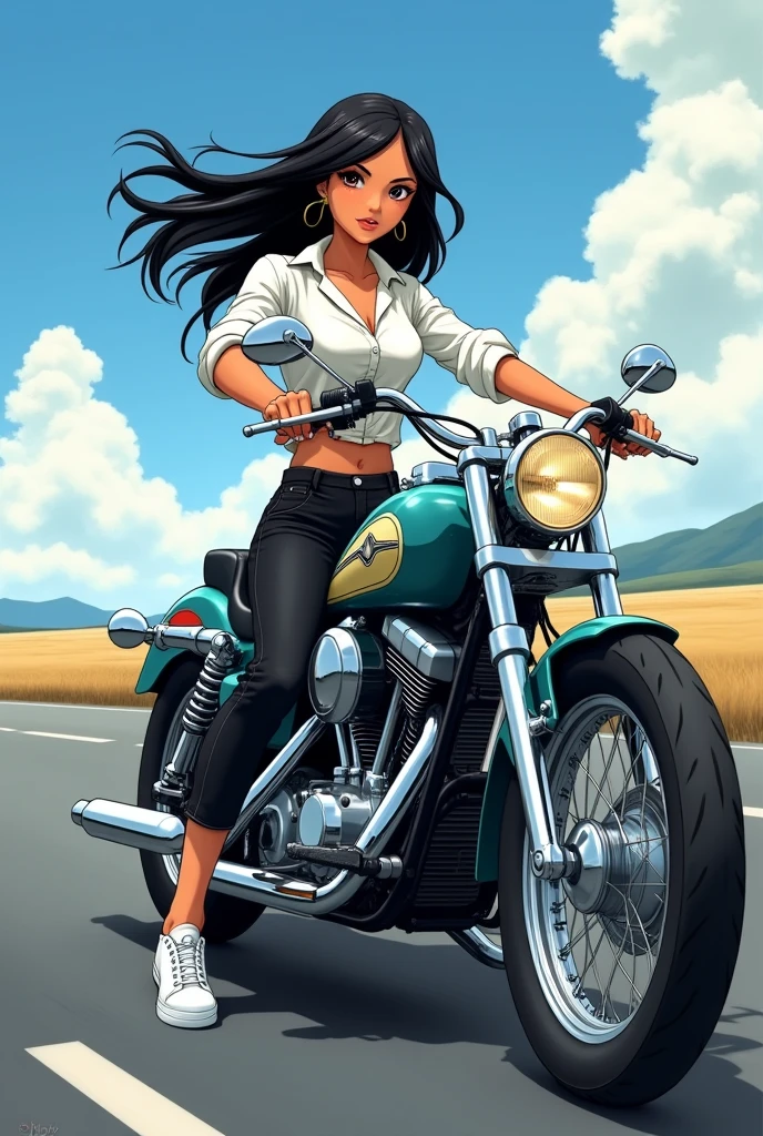 "An anime-style girl with tan skin, black hair, and honey-colored eyes, sitting on a black 1980 chopper motorcycle viewed from the side. She is wearing a sleek white dress shirt with a formal, elegant design, paired with black jeans and white sneakers. The motorcycle is shown in full detail, highlighting its classic design, with the girl confidently seated on it. The background features an open road under a clear sky, with a hint of mountains in the distance. Her hair flows slightly in the breeze, adding to the dynamic and stylish feel of the scene."