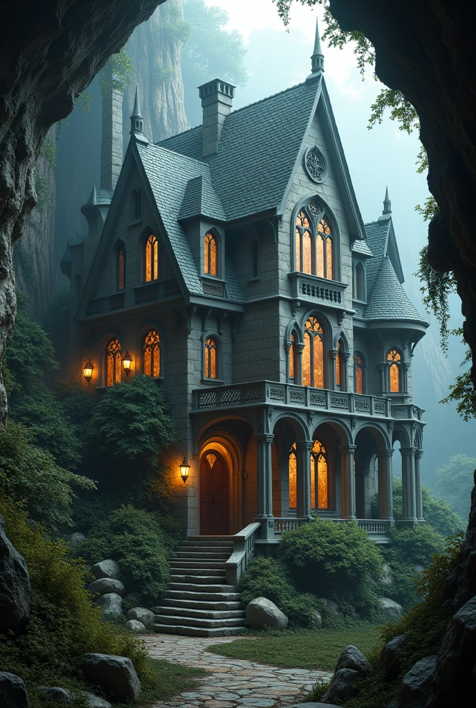 intricate detailed mansion house in a cave, beautiful detailed architecture, medieval style, ornate details, dramatic lighting, moody atmosphere, photorealistic, 8k, (best quality,4k,8k,highres,masterpiece:1.2),ultra-detailed,(realistic,photorealistic,photo-realistic:1.37),dramatic chiaroscuro lighting,dramatic shadows,glowing warm lighting,intricate stone textures,ancient weathered stone,gothic arched windows,imposing stone walls,towering stone columns,realistic vegetation,lush forest backdrop,mystical foggy environment,epic cinematic composition