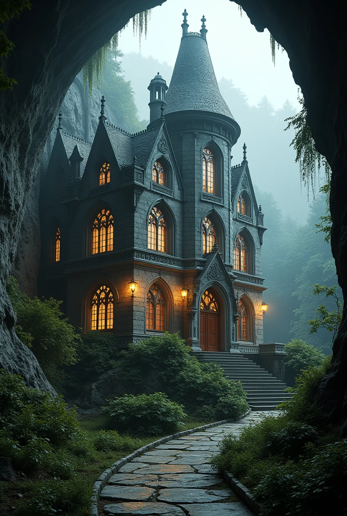 intricate detailed mansion house in a cave, beautiful detailed architecture, medieval style, ornate details, dramatic lighting, moody atmosphere, photorealistic, 8k, (best quality,4k,8k,highres,masterpiece:1.2),ultra-detailed,(realistic,photorealistic,photo-realistic:1.37),dramatic chiaroscuro lighting,dramatic shadows,glowing warm lighting,intricate stone textures,ancient weathered stone,gothic arched windows,imposing stone walls,towering stone columns,realistic vegetation,lush forest backdrop,mystical foggy environment,epic cinematic composition