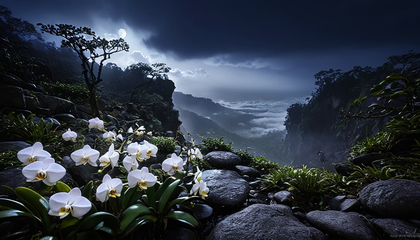 Magnificent view，Forest mountain landscape photography，Nature，It just rained，Harsh winter，Bushes in the moonlight，breeze， Eau，Rocks at night，Boulders，cobblestones，1 Moist white Phalaenopsis orchid in moonlight on the edge of the cliff，foggy sky，Nightmare vision， Dark fantasy plot，Perfect and excellent composition，8K resolution，the detail，Rain trails，dampness，water stain，very wide angle shot，Jack Guzman's environmental art photography，realisticlying，cinematic compositions，Volumetriclighting，vividness, A detailed, stunning skies, Colorful clouds float，true to life, Pubic area is clear, flawless perfection, Digital SLR, 16k, 1024, 2048, 4096, A detailed, Sharp, best qualtiy, high qulity, absurderes，unmanned background，The is very detailed、Detailed lighting shadows，Trends on ArtStation、iintricate、high detal、dramaticidjourney Art（Volumetriclighting：1.2）hdr shot。（Faraway view，Super deep view，ultra-wide-angle，Microfocal length lens：1.2）（realisticlying：1.4）tmasterpiece、high high quality、Beautiful photography、globalillumination、