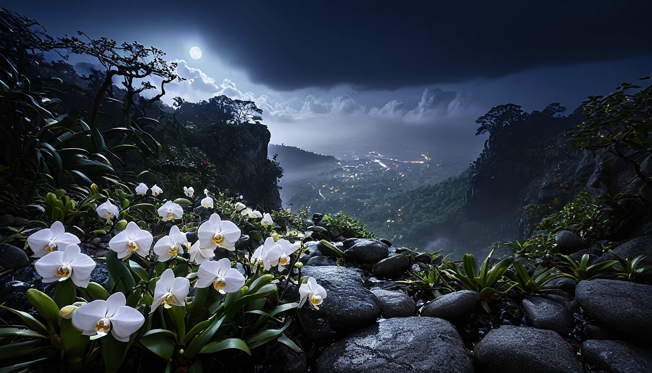 Magnificent view,Forest mountain landscape photography,Nature,It just rained,Harsh winter,Bushes in the moonlight,breeze, Eau,Rocks at night,Boulders,cobblestones,1 Moist white Phalaenopsis orchid in moonlight on the edge of the cliff,foggy sky,Nightmare vision, Dark fantasy plot,Perfect and excellent composition,8K resolution,the detail,Rain trails,dampness,water stain,very wide angle shot,Jack Guzman's environmental art photography,realisticlying,cinematic compositions,Volumetriclighting,vividness, A detailed, stunning skies, Colorful clouds float,true to life, Pubic area is clear, flawless perfection, Digital SLR, 16k, 1024, 2048, 4096, A detailed, Sharp, best qualtiy, high qulity, absurderes,unmanned background,The is very detailed、Detailed lighting shadows,Trends on ArtStation、iintricate、high detal、dramaticidjourney Art(Volumetriclighting:1.2)hdr shot。(Faraway view,Super deep view,ultra-wide-angle,Microfocal length lens:1.2)(realisticlying:1.4)tmasterpiece、high high quality、Beautiful photography、globalillumination、