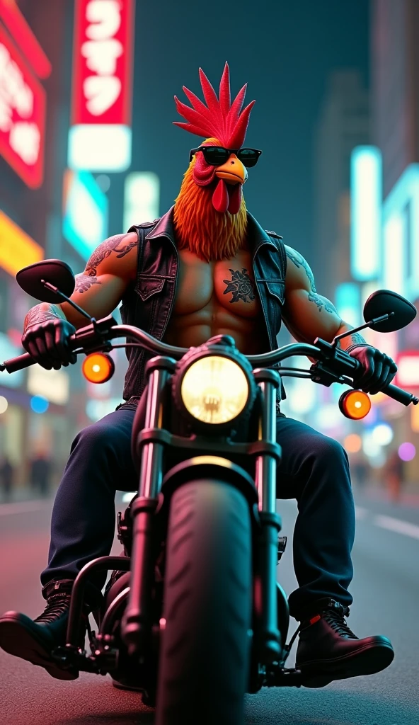 rooster bird featured, muscular, puffy chest, open black vest black tattoo, riding big motorcycle in illuminated city wearing rayban