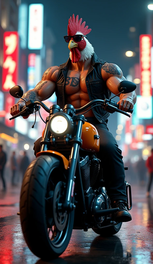 rooster bird featured, muscular, puffy chest, open black vest black tattoo, riding big motorcycle in illuminated city wearing rayban