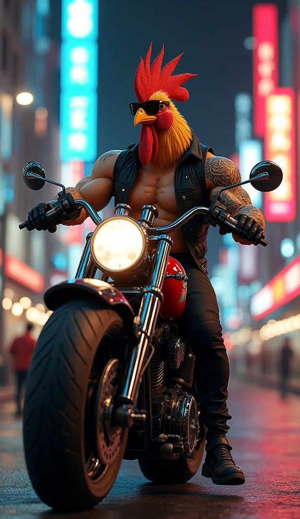 rooster bird featured, muscular, puffy chest, open black vest black tattoo, riding big motorcycle in illuminated city wearing rayban