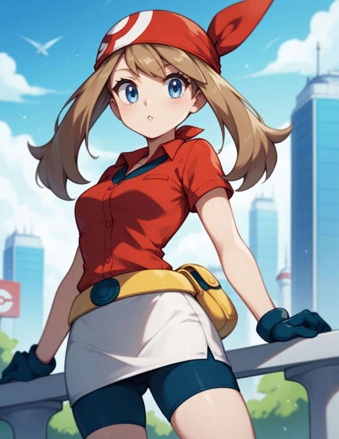 May from Pokémon, triple n size boobs, thin waist, medium size butt, medium size thighs, She wears a red short-sleeved shirt with a navy blue semi-circle on top part, a yellow fanny pack, white gloves with navy fingertips, a white mini skirt under the shirt over dark blue cycle shorts, and black ankle socks along with red shoes with black and yellow stripes, red bandanna covering the entire head with the two ends sticking up, light brown hair, long thick mousse brown hair with thick side tails, and with a side fringe falling across the forehead, blue eyes.