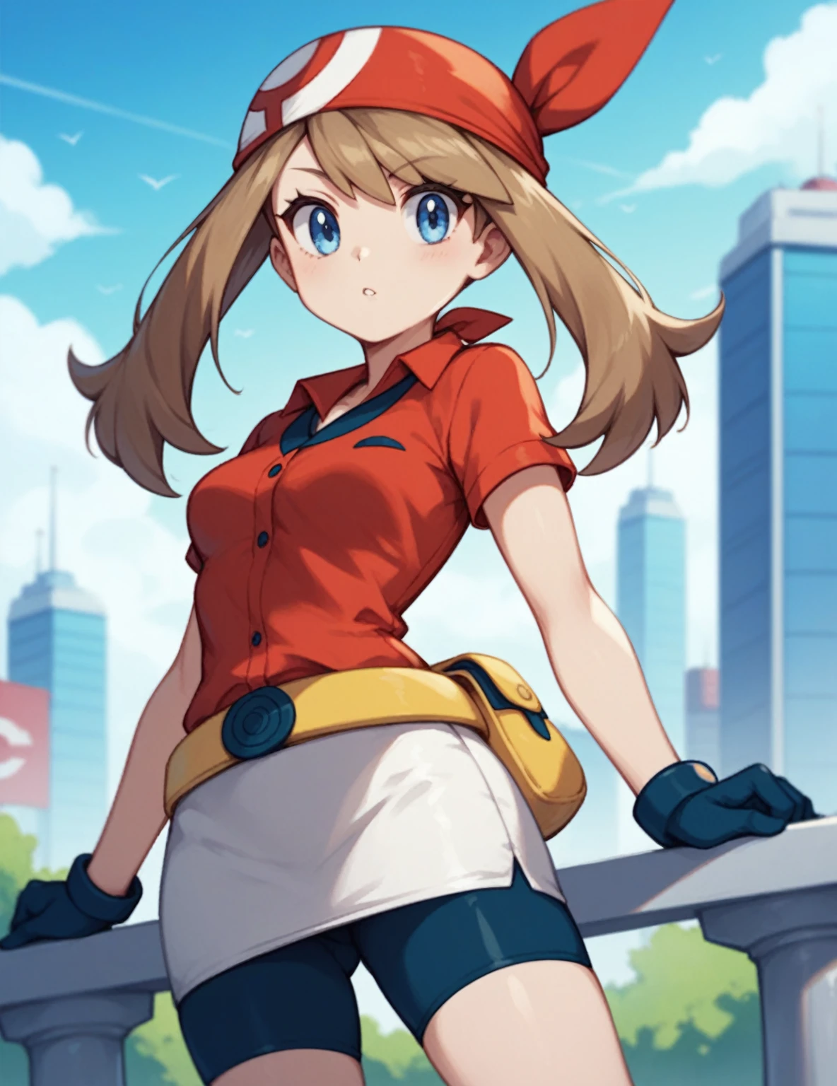 May from Pokémon, triple n size boobs, thin waist, medium size butt, medium size thighs, She wears a red short-sleeved shirt with a navy blue semi-circle on top part, a yellow fanny pack, white gloves with navy fingertips, a white mini skirt under the shirt over dark blue cycle shorts, and black ankle socks along with red shoes with black and yellow stripes, red bandanna covering the entire head with the two ends sticking up, light brown hair, long thick mousse brown hair with thick side tails, and with a side fringe falling across the forehead, blue eyes.