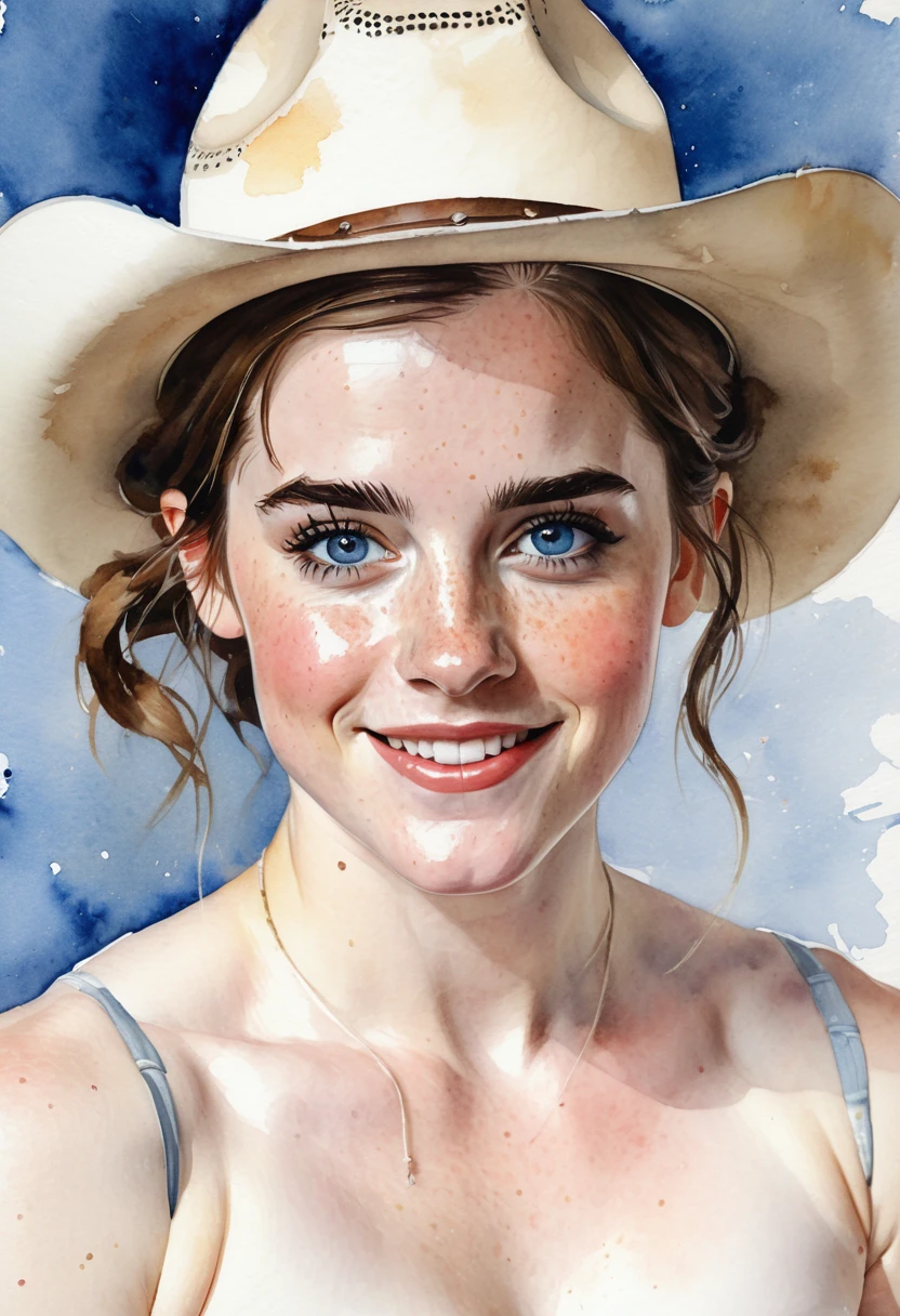 a watercolor painting of a ((pale skin)), defined muscles, six-pack abs, freckled, brunette woman resembling Emma Watson, with blue eyes, blushing cheeks, pigtails, cowboy hat, naked, smiling, in the style of Norman Rockwell