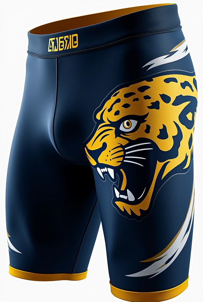 "Hello, I need your help to create a slogan for 'Atlética Predadora', a university athletic team with a jaguar mascot. The slogan must reflect power, mastery and excellence. Por favor, generate some impactful slogans that incorporate these elements and the concept of predator." Use visual elements with dark blue, white and gold, the jaguar with its original colors which is yellow with black tips. PROVIDE ME WITH AN IMAGE OF HOW SHORTS OR BOTTOM WOULD LOOK WITH THIS SLOGAN AND NAME OF THE ATLÉTICA, I need to see how it would look in these clothes