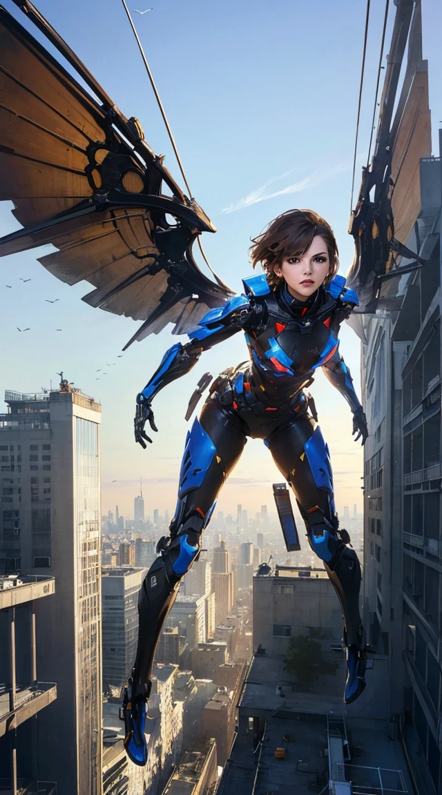((woman, small bust, short hair, brown hair, black eyes, full body, fighting pose)), Mechanobiology:1.5,(Highest quality,Extremely detailed depiction,Incredibly absurd high resolution,Anatomically accurate depiction),Female type,Highly precise machine,Black futuristic exoskeleton, ((Mechanical wings,Mechanical thrusters,Flying in the sky)), city