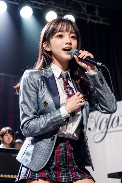 ​(realistic, photo-realistic), (masterpiece, best quality), high resolution, intricate details, extremely detailed, sharp focus, looking at the viewer, solo, 1girl, an idol group member, (AKB48-style costume), (navyblue blazer with red trim on cuffs and red collar lining, emblem, white collared shirt, tie:1.2), (red miniskirt, tartan check plaid skirt, pleated skirt:1.3), kawaii, cute face, big smile, holding a microphone with one-hand and singing, dynamic lighting, cinematic lighting, professional lighting, pale skin, detailed face, detailed  eyes, beautiful pupils, sophisticated nose, photo background, indoors, the concert venue, audience in background,