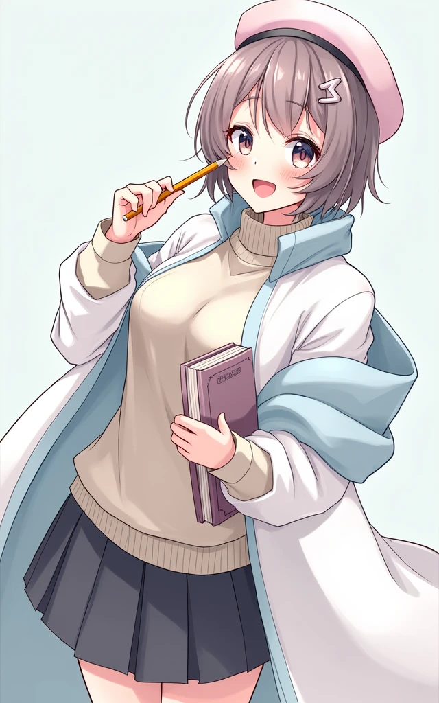 (Daisaku),(Need),(Super meticulous),(full bodyesbian:1.2),1girl,tchibi,adolable,ssmile,open-mouth smile, open-mouth smile,Light blue background,Raise your right hand,Hold a pencil in hand,Hold a book in your left hand,Music,Pink berets,cloak,The shirt,short detailed anime style, from girls frontline, fine details. girls frontline, girls frontline universe, girls frontline style, girls frontline, girls frontline cg, soft anime illustration, 2 0 2 2 anime style, 2022 anime style, pixiv contest winner, pretty anime character design, render of april
