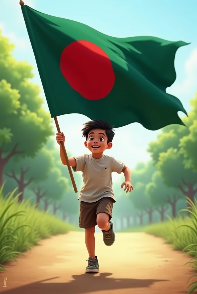 A young boy running with Bangladeshi Flag 