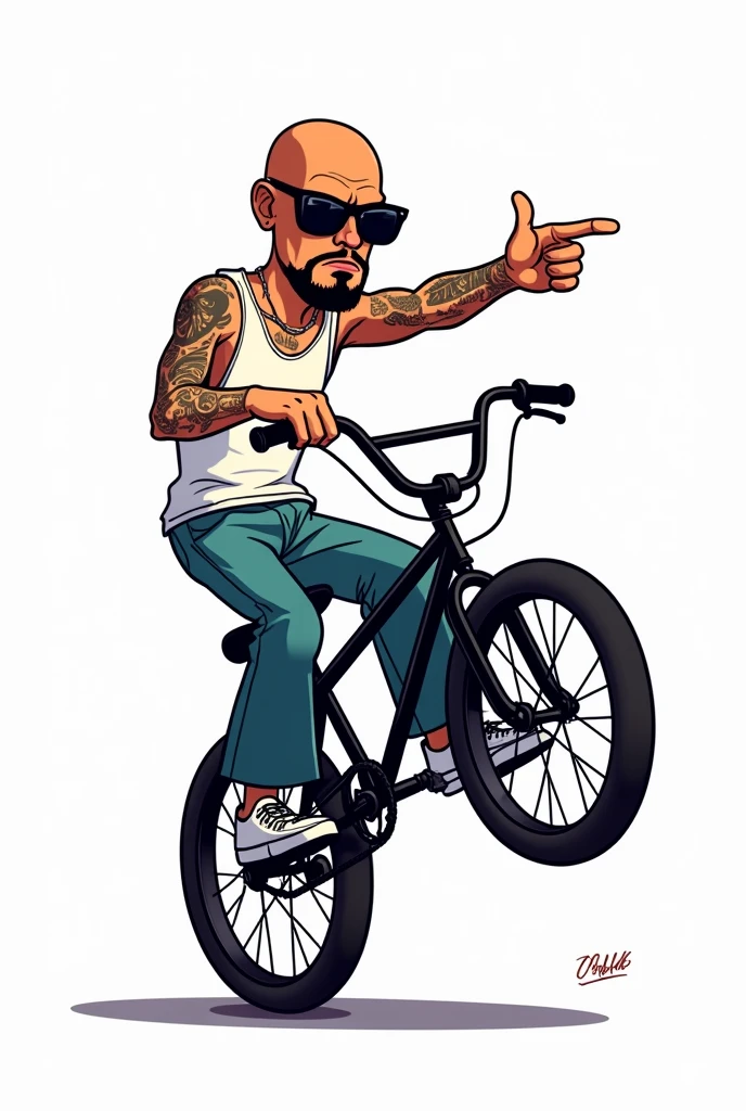 Cartoon illustration, of cholo with white tank tops, wide leg pants, WHITE TENNIS, with tattoos on his arms, dark glasses, with the shaved cut, goatee, on a black BMX bike, pointing forward,with an annoyed expression ,WITH WHITE BACKGROUND 