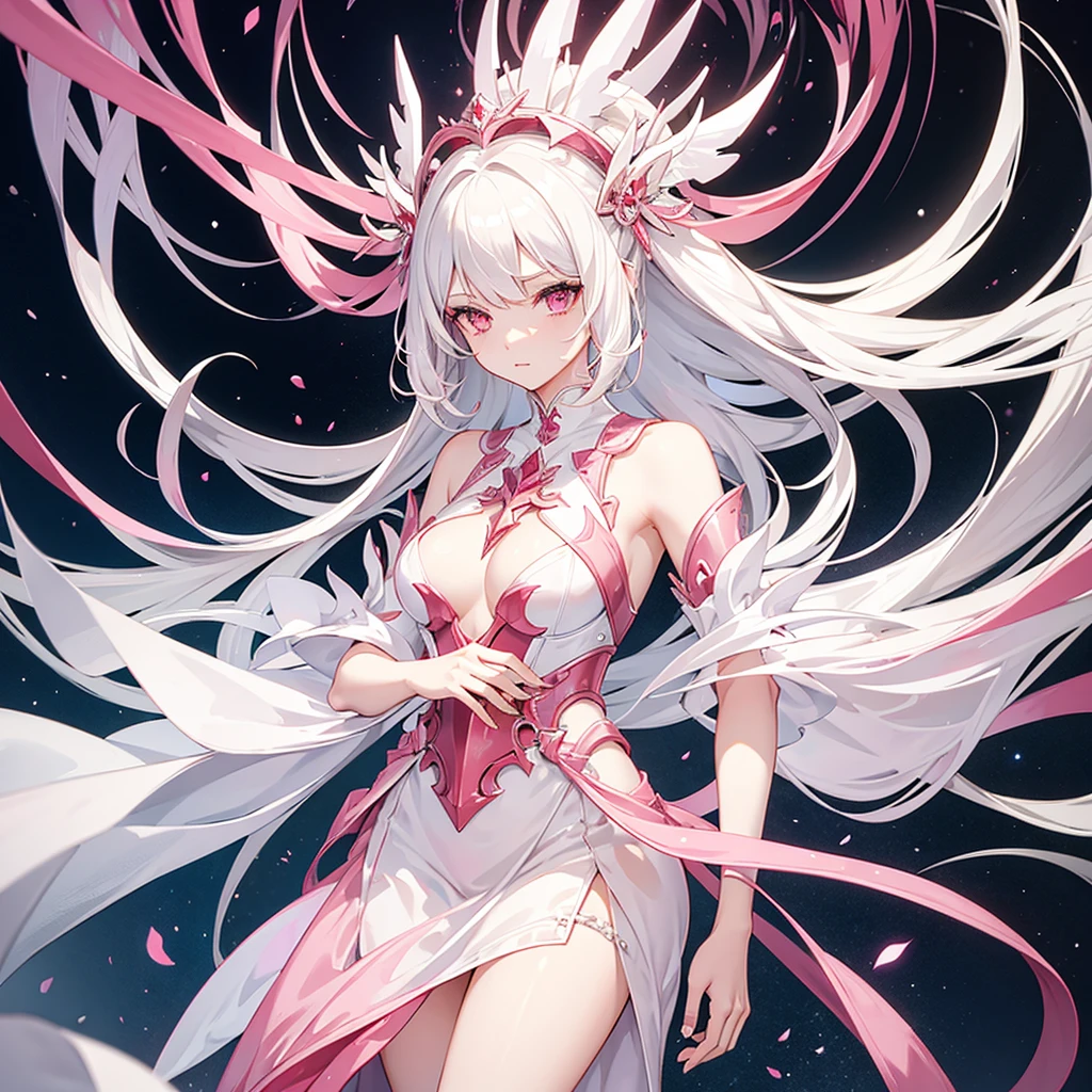 woman,Platinum hair,Ruby pink eyes,White dress set,Floor length skirt,Breastplate