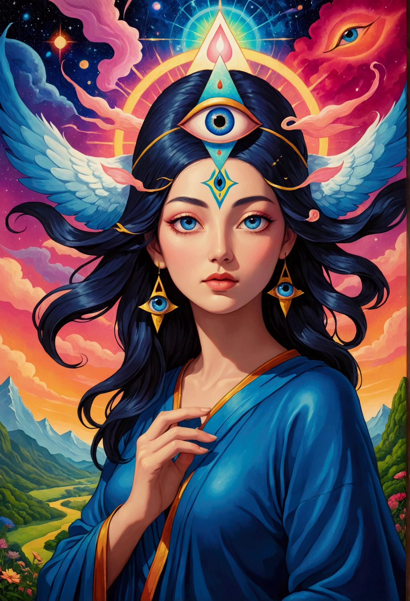 Close-up of a person standing in front of a painting, opening The Third Eye睛, The Third Eye睛, Fantasy painting, The Third Eye, dmt goddess, DMT art, dmt journey, DMT field, DMT vision, Fantasy Art style, mystical The Third Eye睛, The Third Eye的视觉, Star appearance, Paul Lafley, dmt god, Fantasy Art