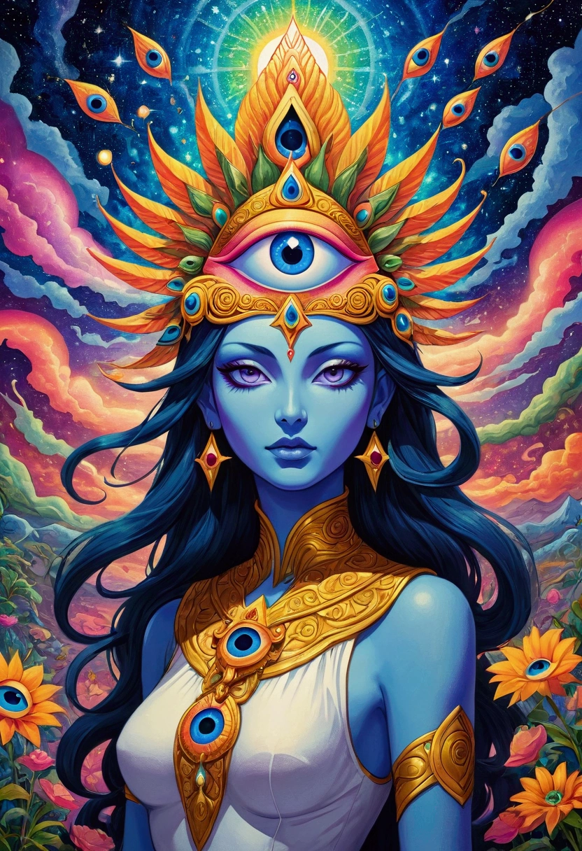 Close-up of a person standing in front of a painting, opening The Third Eye睛, The Third Eye睛, Fantasy painting, The Third Eye, dmt goddess, DMT art, dmt journey, DMT field, DMT vision, Fantasy Art style, mystical The Third Eye睛, The Third Eye的视觉, Star appearance, Paul Lafley, dmt god, Fantasy Art