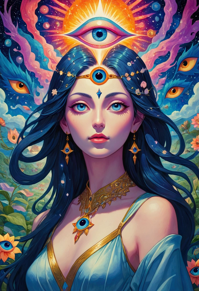 Close-up of a person standing in front of a painting, opening The Third Eye睛, The Third Eye睛, Fantasy painting, The Third Eye, dmt goddess, DMT art, dmt journey, DMT field, DMT vision, Fantasy Art style, mystical The Third Eye睛, The Third Eye的视觉, Star appearance, Paul Lafley, dmt god, Fantasy Art