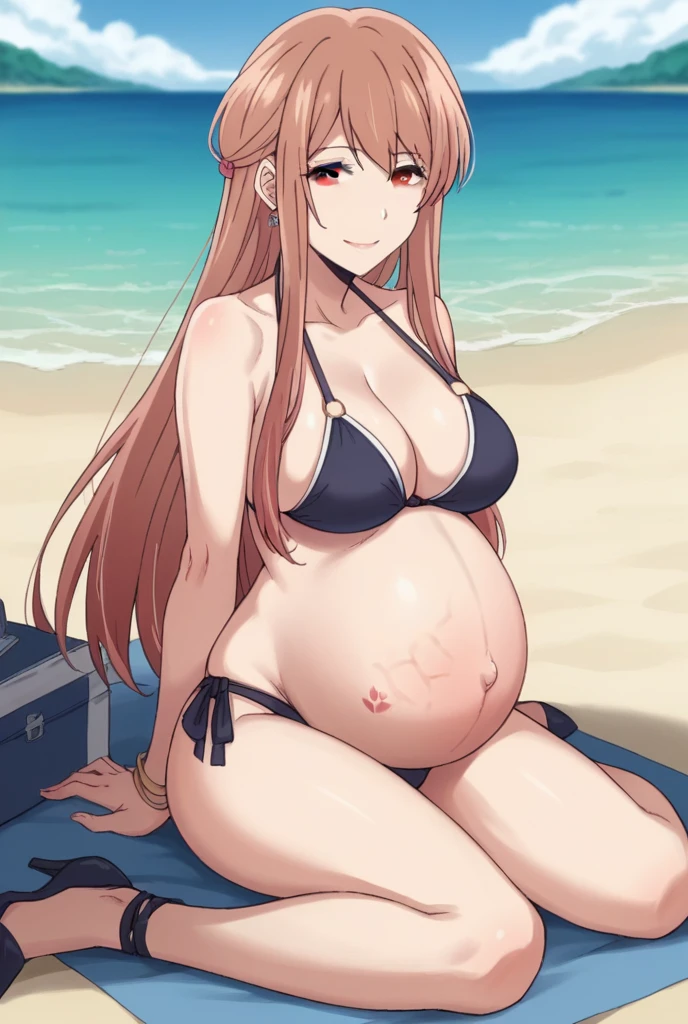 score_9, score_8_up, score_7_up, source_anime,
akaneminagawa, akane minagawa, long hair, bangs, brown hair, brown eyes, Big breasts,
Bikini, panties, Heels, big belly, large belly, Beach, background, rubing belly, smile,
looking at viewer, cowboy shot, solo, pregnant, possing, Sitting, strech marks, belly button, earrings, 