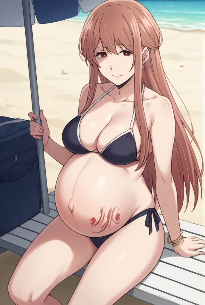 score_9, score_8_up, score_7_up, source_anime,
akaneminagawa, akane minagawa, long hair, bangs, brown hair, brown eyes, Big breasts,
Bikini, panties, Heels, big belly, large belly, Beach, background, rubing belly, smile,
looking at viewer, cowboy shot, solo, pregnant, possing, Sitting, strech marks, belly button, earrings, 