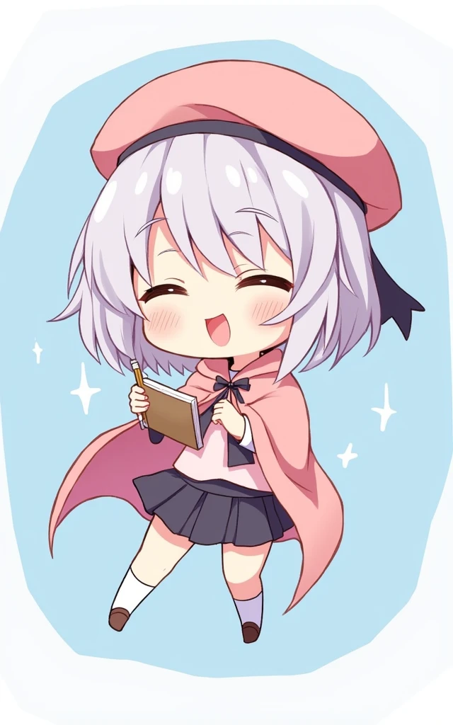(Daisaku),(Need),(Super meticulous),(full bodyesbian:1.2),1girl,tchibi,adolable,ssmile,open-mouth smile, open-mouth smile,Light blue background,Raise your right hand,Hold a pencil in hand,Hold a book in your left hand,Music,Pink berets,cloak,The shirt,short detailed anime style, from girls frontline, fine details. girls frontline, girls frontline universe, girls frontline style, girls frontline, girls frontline cg, soft anime illustration, 2 0 2 2 anime style, 2022 anime style, pixiv contest winner, pretty anime character design, render of april