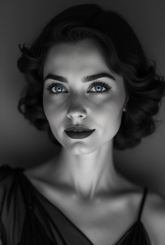An old, mysterious black and white photograph, in the early twentieth century, The photo shows a beautiful young actress dressed up., Smiling, Mysterious monochrome photograph, Only her eyes are blue, Bright blue eyes are striking, close-up