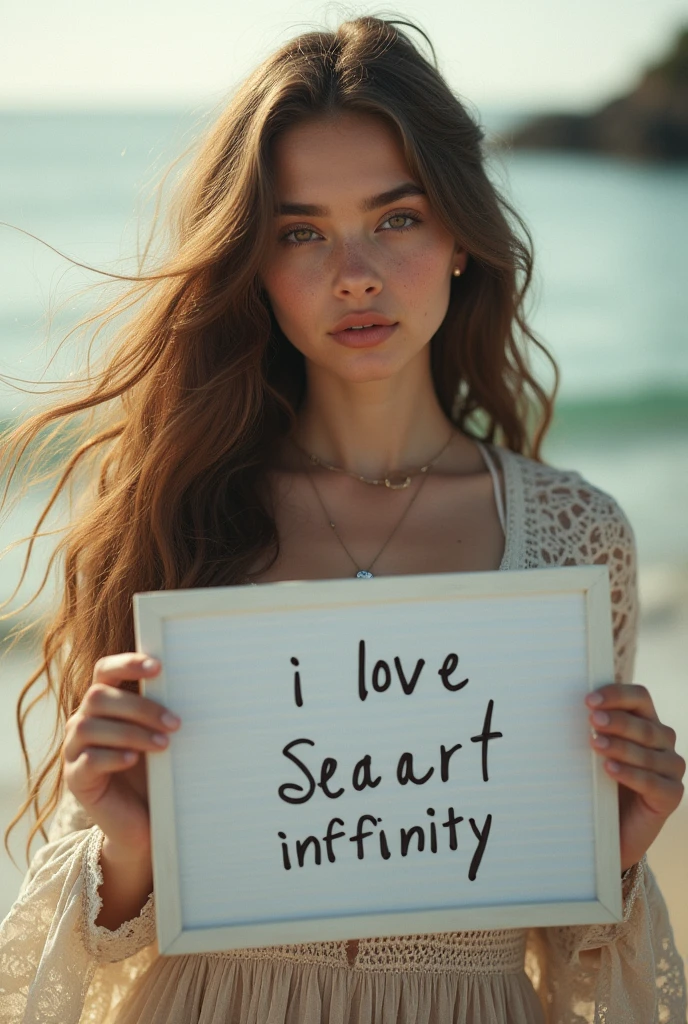 Beautiful girl with wavy long hair, bohemian dress, holding a white board with text "I Love Seaart Infinity" and showing it to the viewer
