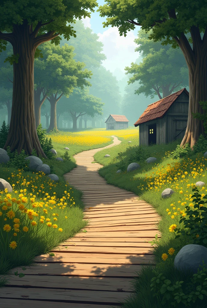 road with wooden planks placed on it, with trees on both sides, and yellow flowers visible further ahead."and a wooden hut visible in the scene