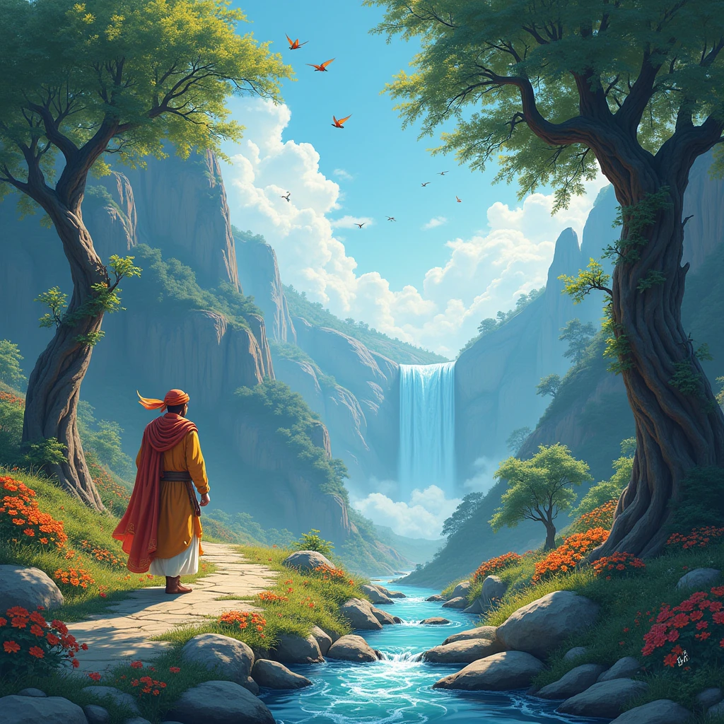 The land of immortality
"The cabuliwallah is walking by, with various colored flowers on the trees on either side of the road. Small, colorful lovebirds are flying in the sky and perching on the branches. Nearby, a clear stream of water flows over small and large stones, and in the distance, a waterfall is cascading down from the mountains."