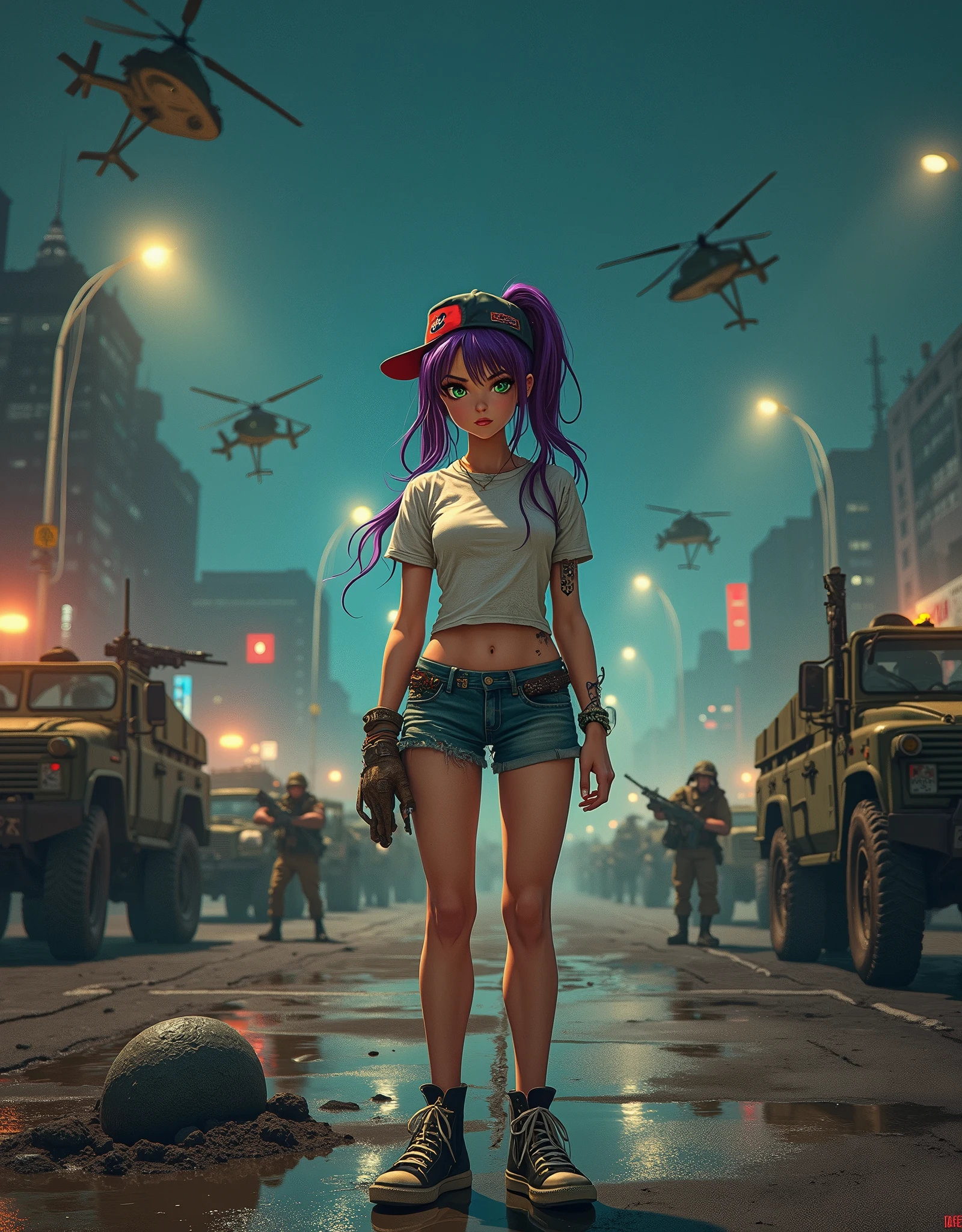 ((masterpiece, best quality)), (1girl), (solo), (female focus), (city view:1.2), (Los Angeles skyline:1.2), (night:1.3), (meteor:1.4), (crashed meteor:1.2), (standing:1.3), (hovering military gunships hover above:1.2), (surrounded by US military troops with rifles pointed at her:1.3), Streetwear, Retro-style clothing, Suspenders, Mud-ridden sneakers, Accessories, Snapback, Long white dirtied T-shirt, denim shorts, purple hair with red accents, ponytail, green eyes, (searchlights:1.2), (very wide shot:1.5), cowboy shot, gritty lighting.