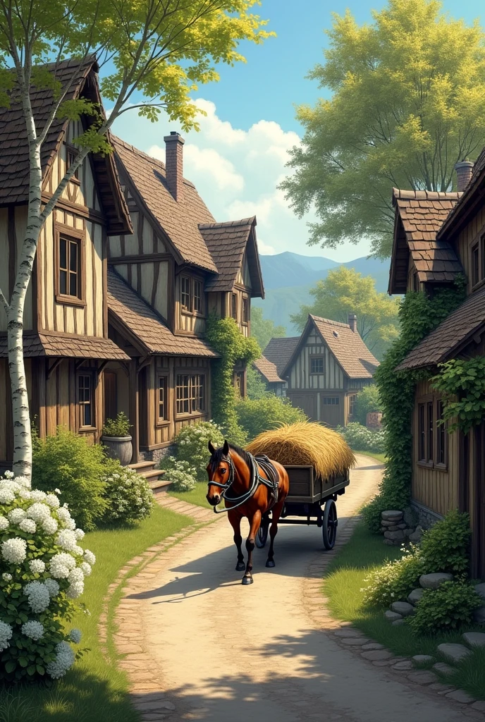 an old village and along it stand old wooden cottages birches and viburnum grow next to it and along the road runs a harnessed horse pulling a cart with hay